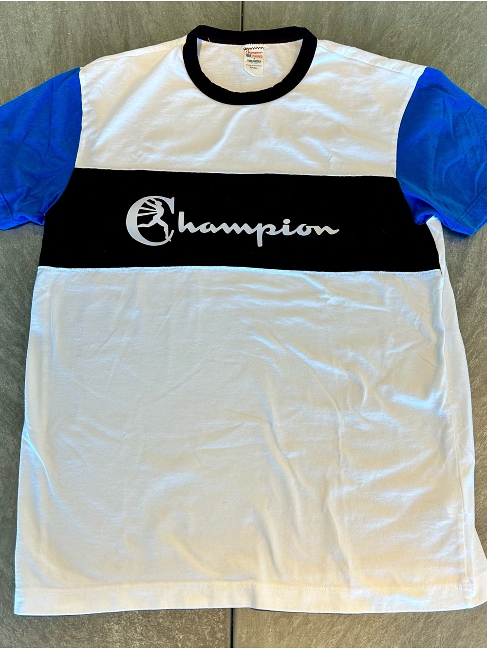 Todd Snyder + Champion White, Black & Blue Colorblock Logo Tee